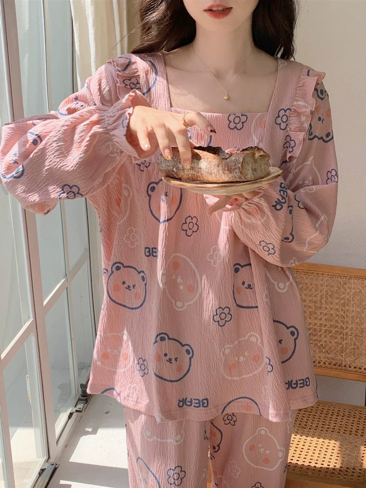 "Wrinkled cotton" pajamas for women, spring and autumn long-sleeved 2023 new bean paste pink bear home wear set