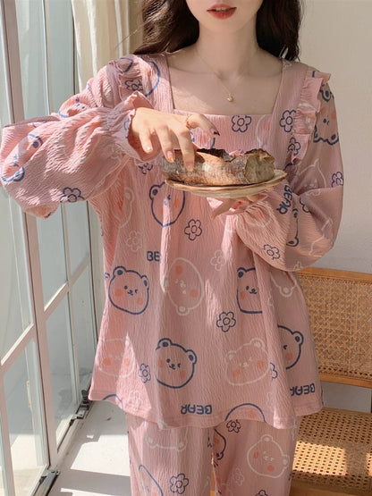 "Wrinkled cotton" pajamas for women, spring and autumn long-sleeved 2023 new bean paste pink bear home wear set