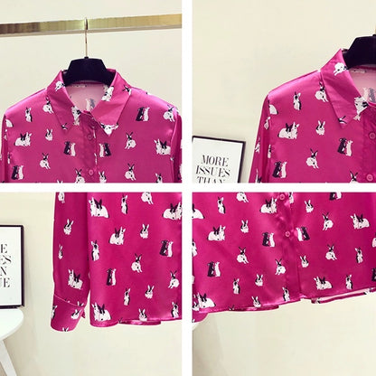 Satin silk rose red shirt femininity foreign style high-end printed long-sleeved top early autumn design sense niche