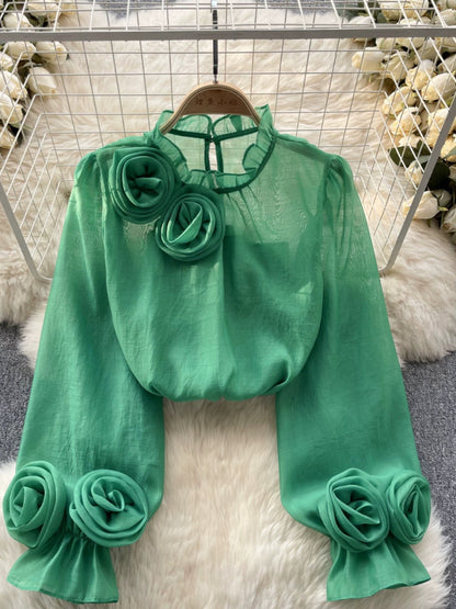 French shirt women's design niche three-dimensional floral puff sleeves age-reducing versatile solid color chiffon shirt women's long-sleeved top