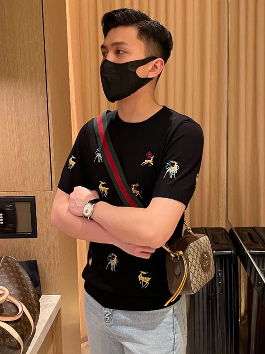 Yomobrother fashion colorful deer embroidery men's T-shirt summer new slim knitted short sleeve 2024 new men