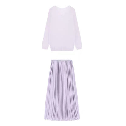 Spring/Summer French-style chic & alluring high-waisted slimming midi/maxi skirt set (purple pleated skirt)