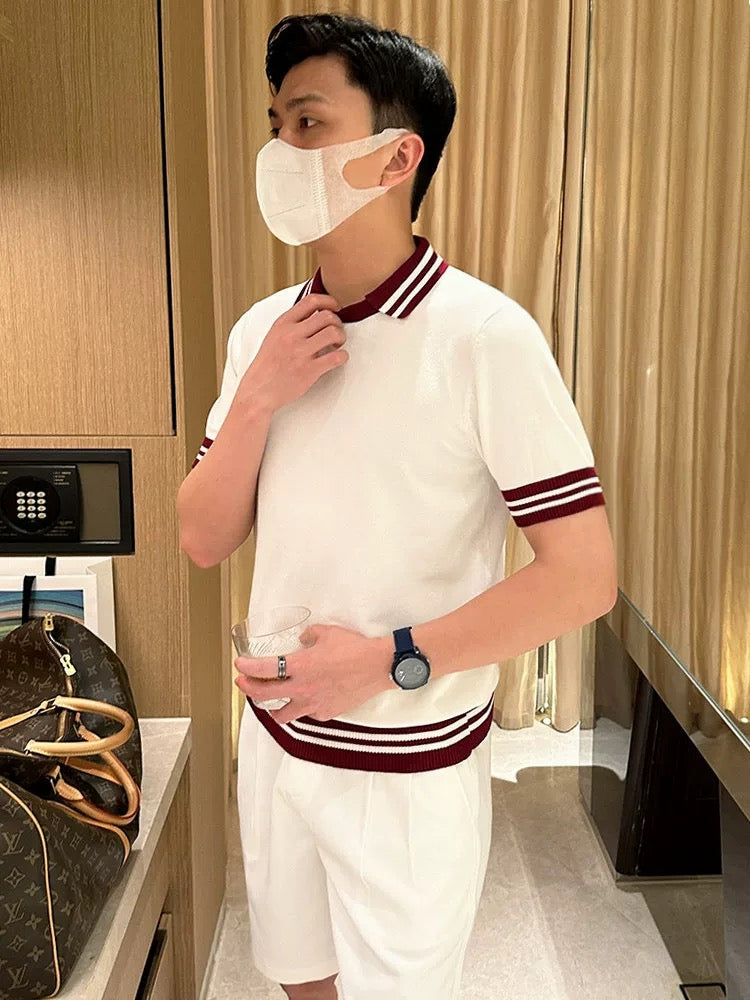 French style casual men's clothing splicing ribbed polo shirt men's summer thin breathable slim knit sweater men's short sleeve
