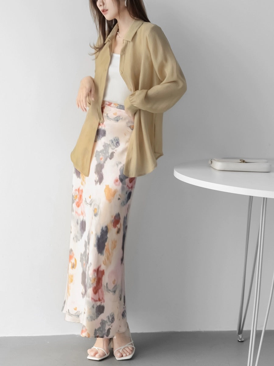 MZOMXO elegant fishtail heavyweight crepe de chine printed mid-length high waist hip-covering skirt for women