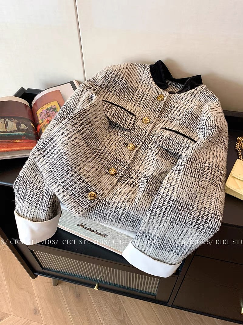 French contrasting color splicing tweed short coat for women autumn and winter 2023 new temperament socialite small fragrant style slimming top