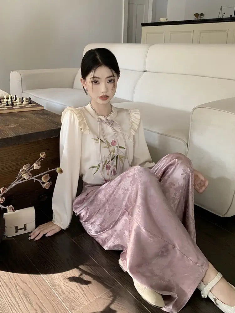 kumikumi new Chinese suit women's embroidered loose long-sleeved shirt early autumn high-waist skirt culottes two-piece set