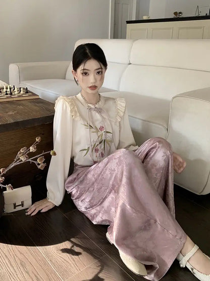 kumikumi new Chinese suit women's embroidered loose long-sleeved shirt early autumn high-waist skirt culottes two-piece set