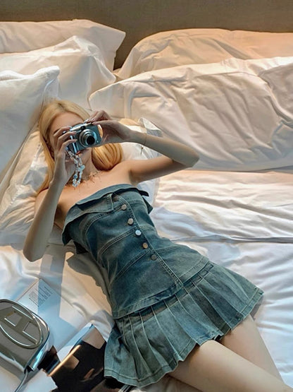 MOXI Millennial Hot Girl Summer Distressed Punk Rock Denim Top with Lapel + Pleated Denim Skirt