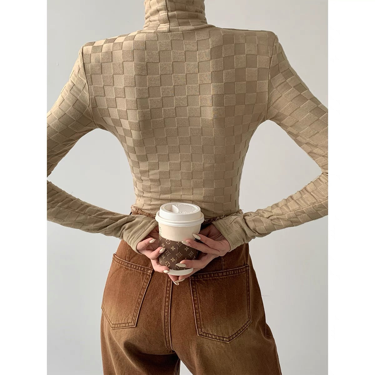 PAPERLLL Xinjian autumn and winter new visual sense high collar checkerboard fleece bottoming shirt versatile tight and warm inner wear (D7812)