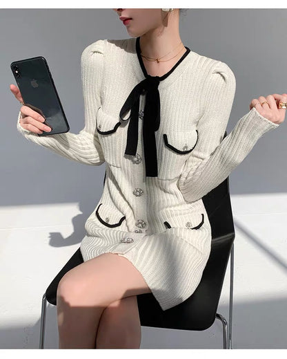 Qiu Tong Liya's same style French retro white small fragrant style knitted hip-hugging slim dress slim sweater skirt for women D9193