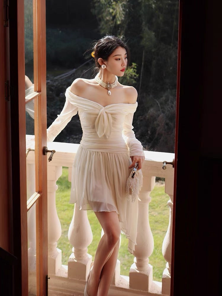 Thirteen and Little White Dress Women's Spring Long-Sleeved Waist Sexy Irregular French One-Shoulder Skirt