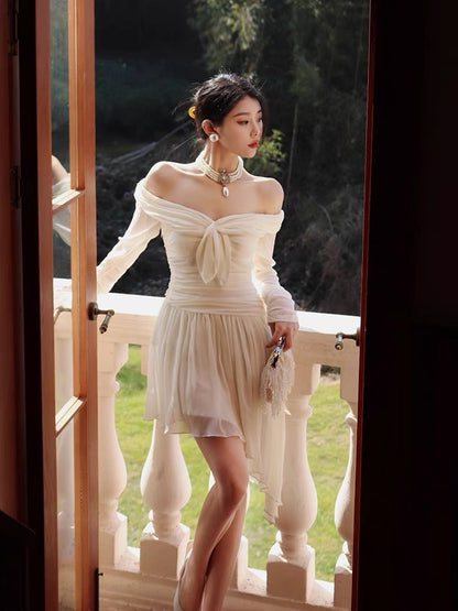 Thirteen and Little White Dress Women's Spring Long-Sleeved Waist Sexy Irregular French One-Shoulder Skirt