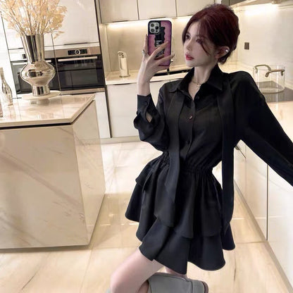 2023 new autumn Korean design lapel black shirt dress waist slimming short skirt for women (D022)