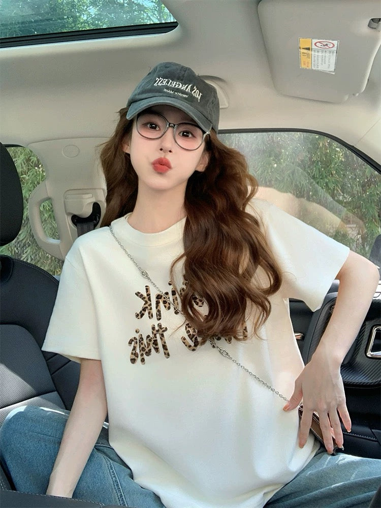 Retro letter print short-sleeved T-shirt for women 2025 new summer American trendy brand leopard print design loose top