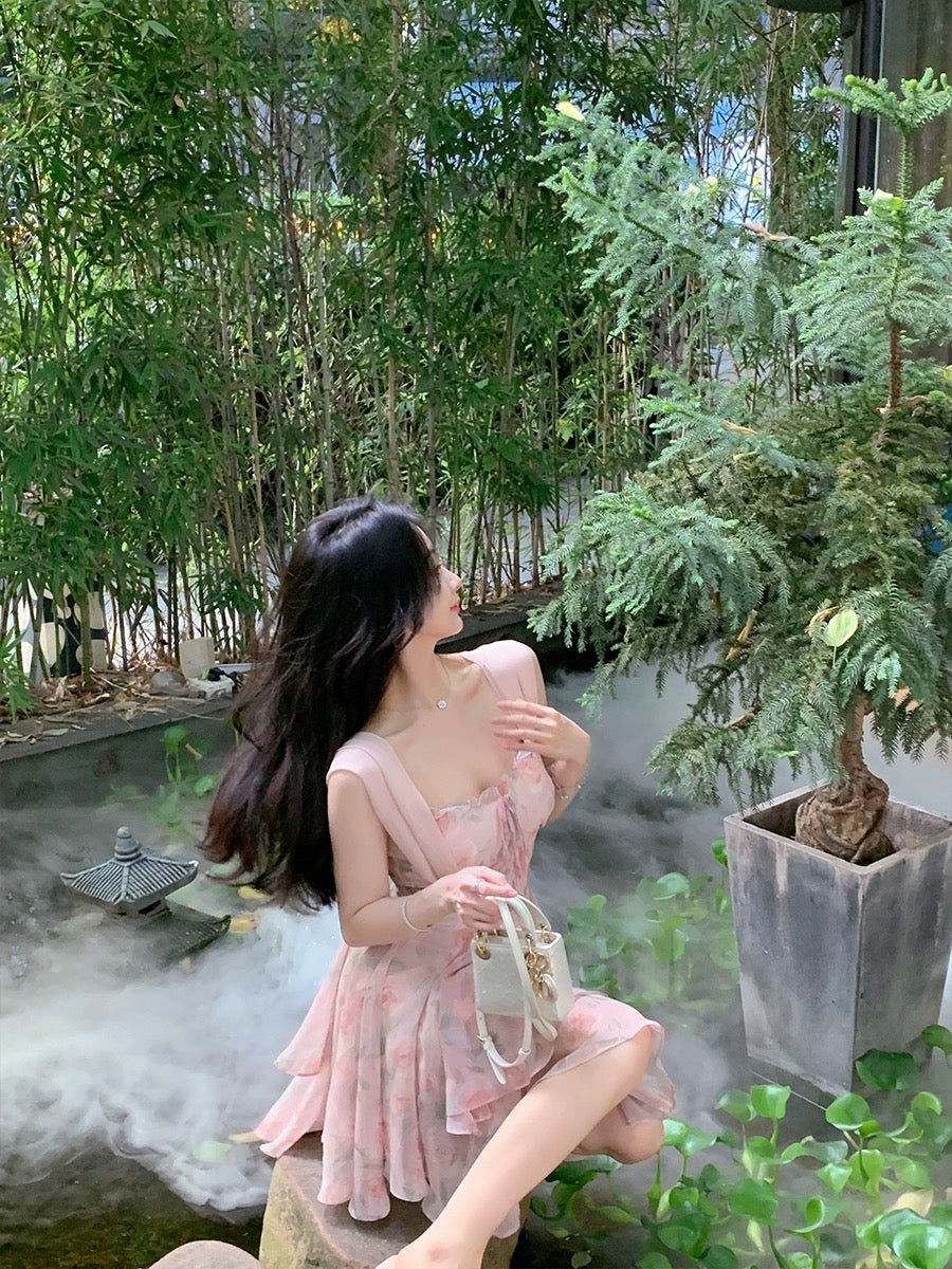 ByYou summer pink fungus printed chiffon suspender dress with waist and slimming skirt fairy skirt