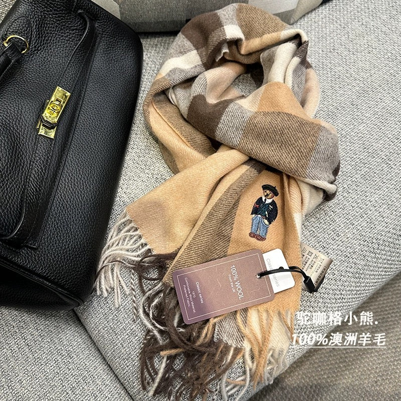 UK limited edition bear 100% Australian wool scarf retro British style men and women couple plaid thick winter