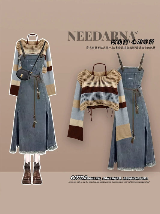 Early autumn travel outfit a complete set of denim overalls skirt new style meila blue harbor style retro dress female