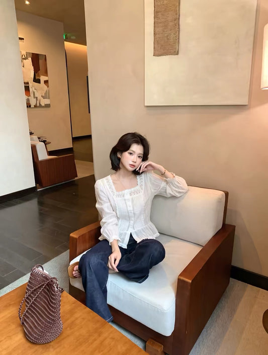 Cheese" French-Style Square-Neck Lace-Trim Blouse – A Sophisticated, Versatile Long-Sleeve Top for Women [Fa Pai Li Si]