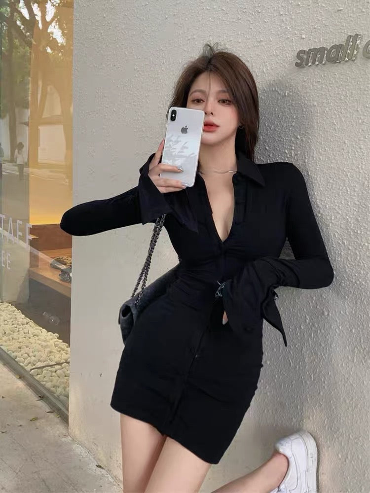 2023 new spring and autumn babes temperament self-cultivation and thin black bag hip senior sexy long-sleeved polo dress female