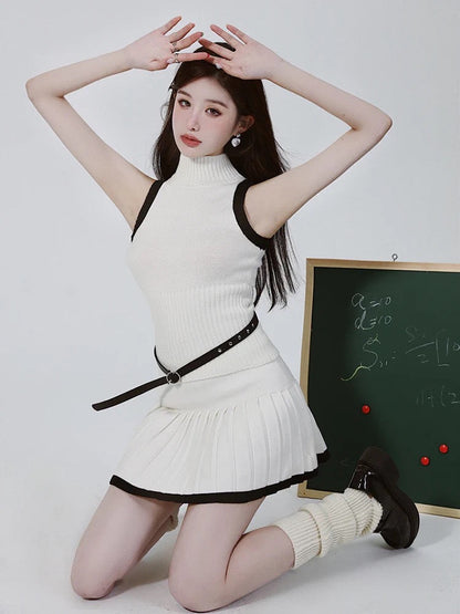Minimalism, basic comfort, pure slim fit, all-match color matching small turtleneck sleeveless knitted sweater vest + pleated skirt
