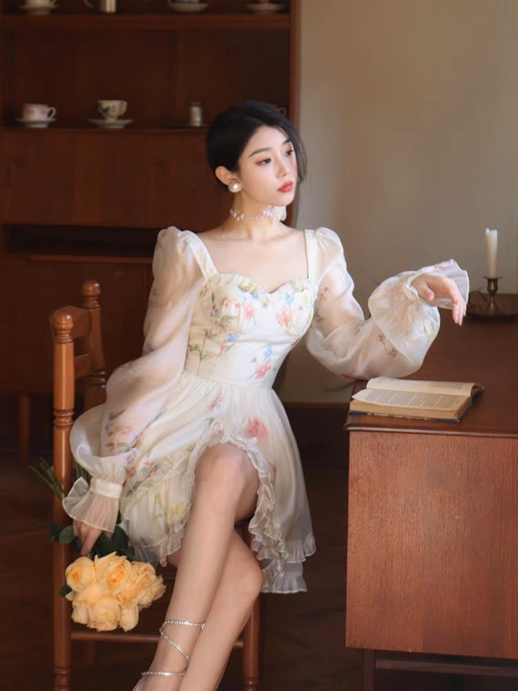Thirteen and Little French Dress Women's Spring Waist Square Neck Long Sleeve Cake Dress White Floral Skirt