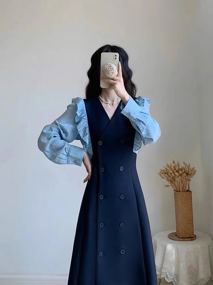 Autumn women's clothing 2023 new high-end A-line long skirt double-breasted French waist slimming light mature style dress