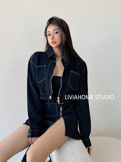 liviahome European and American ins retro zipper denim suit loose and versatile short coat high waist slit skirt autumn (S195)
