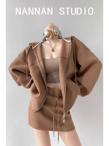 Street hottie lazy dressing tutorial loose thick hooded sweater suit women's high waist sports skirt two-piece suit