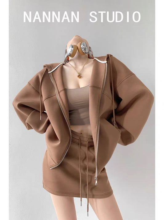 Street hottie lazy dressing tutorial loose thick hooded sweater suit women's high waist sports skirt two-piece suit