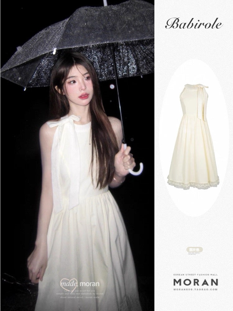 French tea break halter neck lace dress for women summer waist slimming lace temperament gentle style sleeveless vest long dress