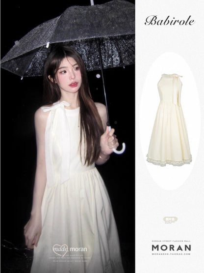 French tea break halter neck lace dress for women summer waist slimming lace temperament gentle style sleeveless vest long dress