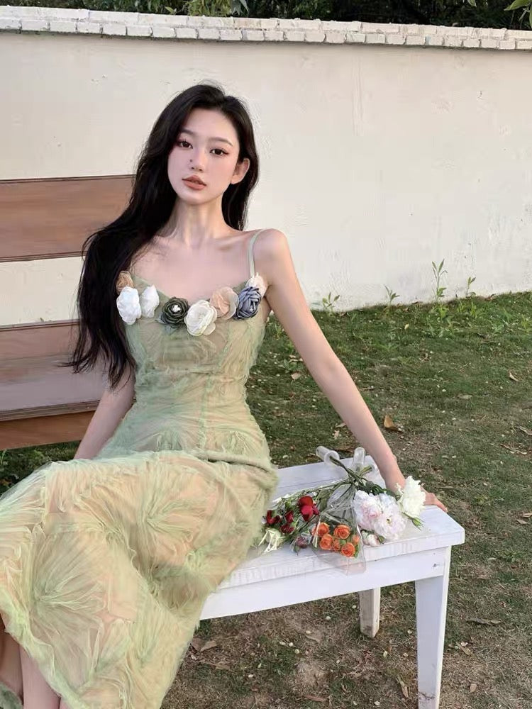 Tea break French seaside holiday suspender dress for women summer high-end sexy temperament Thai sweet hottie long skirt
