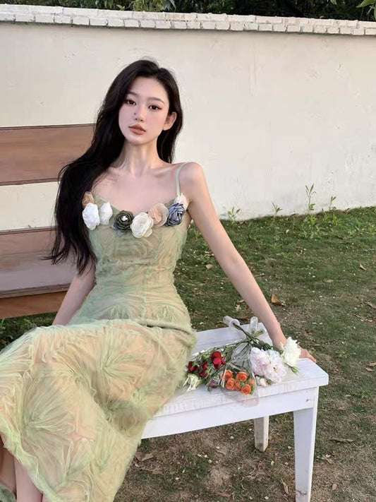 Tea break French seaside holiday suspender dress for women summer high-end sexy temperament Thai sweet hottie long skirt