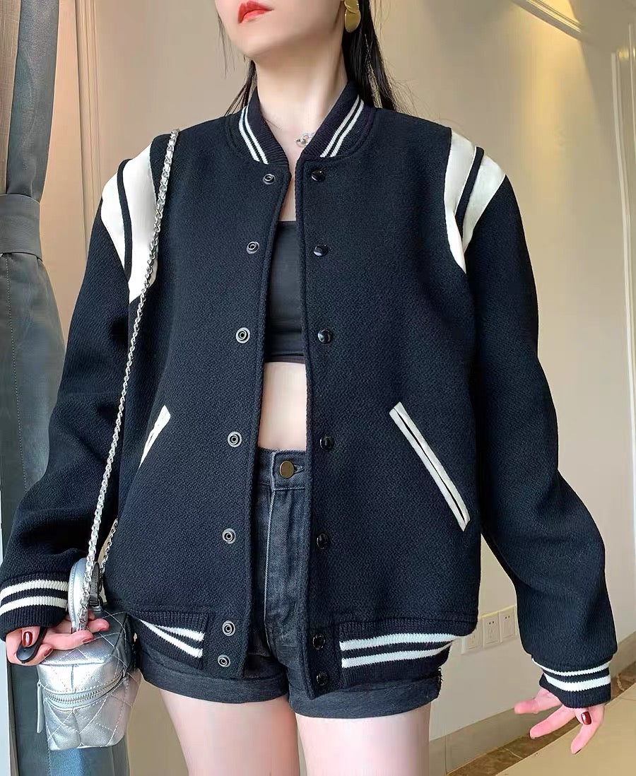 2023 autumn and winter new American baseball uniform 90 wool material black and white contrast color patchwork design jacket