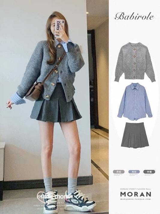 Milk lazy sweater coat knitted cardigan shirt skirt three-piece suit small fragrance fashion small man autumn and winter