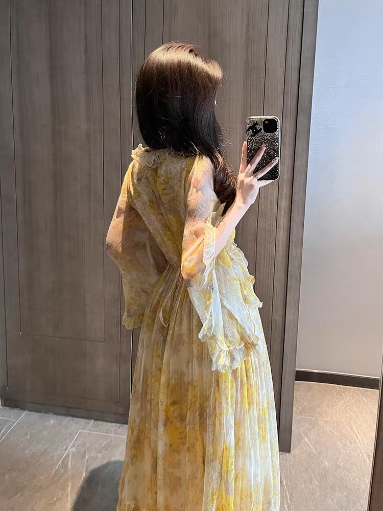 Yellow floral seaside vacation long-sleeved dress for women summer long skirt French chiffon high-end skirt fairy skirt
