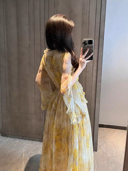Yellow floral seaside vacation long-sleeved dress for women summer long skirt French chiffon high-end skirt fairy skirt