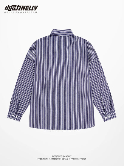 Spring and autumn long-sleeved vertical striped shirt male ruffian handsome casual Hong Kong style high street teenager bf Korean version Japanese yuppie shirt