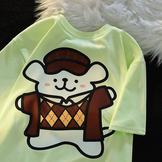 Jwneed Co-branded cartoon trendy brand line dog short-sleeved dopamine t-shirt for women summer new sweet couple wear niche tops