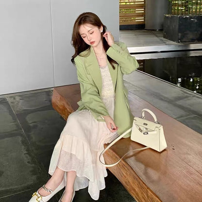 Small internet celebrity wear lapel long sleeve design green this year's popular beautiful suit jacket for women in autumn and winter (V023)