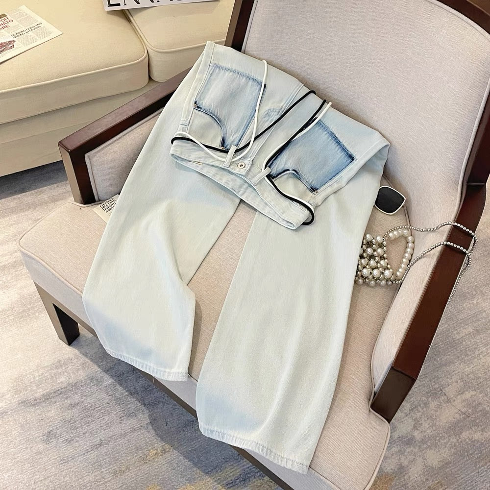 Design sense Hong Kong style washed high-waist straight wide-leg pants for women summer 2023 new chic loose floor-length long pants