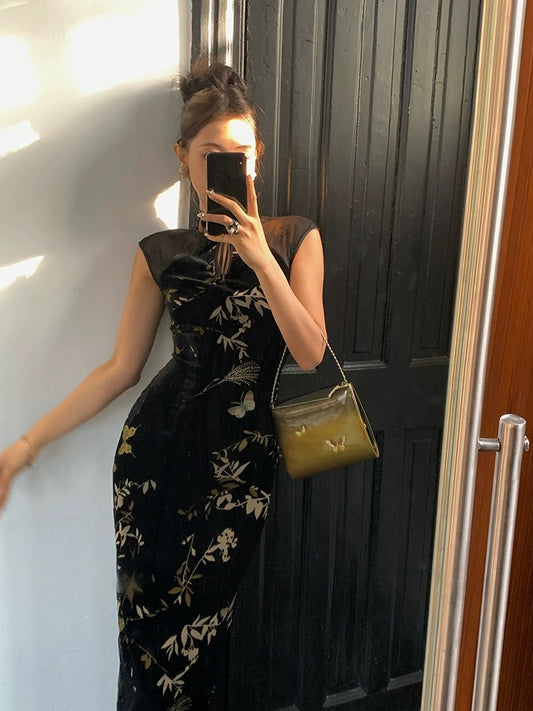 Xiaoli XIAOLI new Chinese cheongsam national style floral dress spring dress high-end sexy retro velvet hip skirt