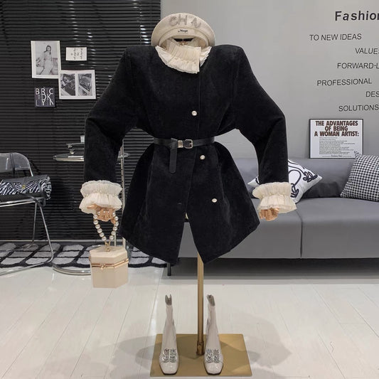 French light luxury style heavy-duty beaded wooden ear-edge high-end mid-length pearl buckle loose and versatile foreign-style coat for women