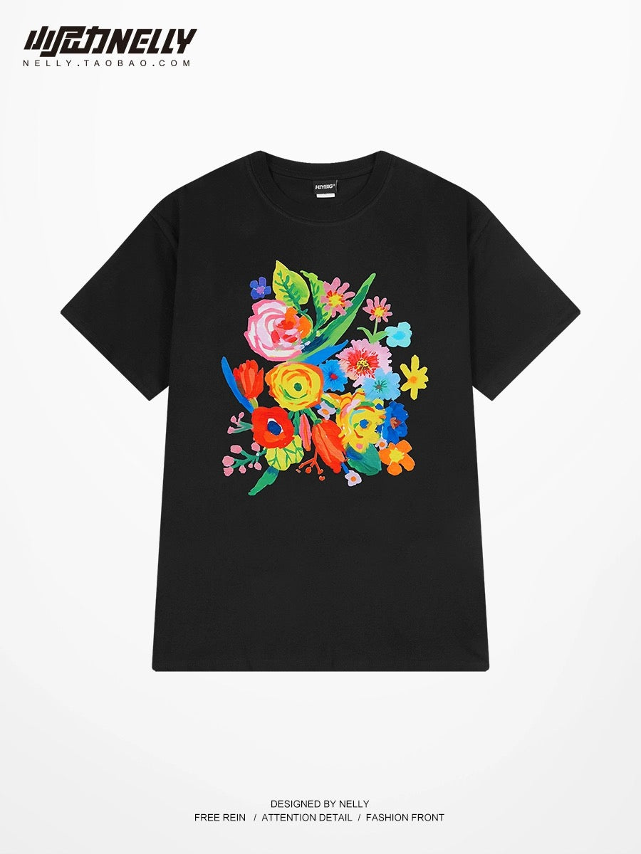 2024 summer new men's and women's short-sleeved T-shirts trendy fashion floral casual cotton round neck tops T-shirts