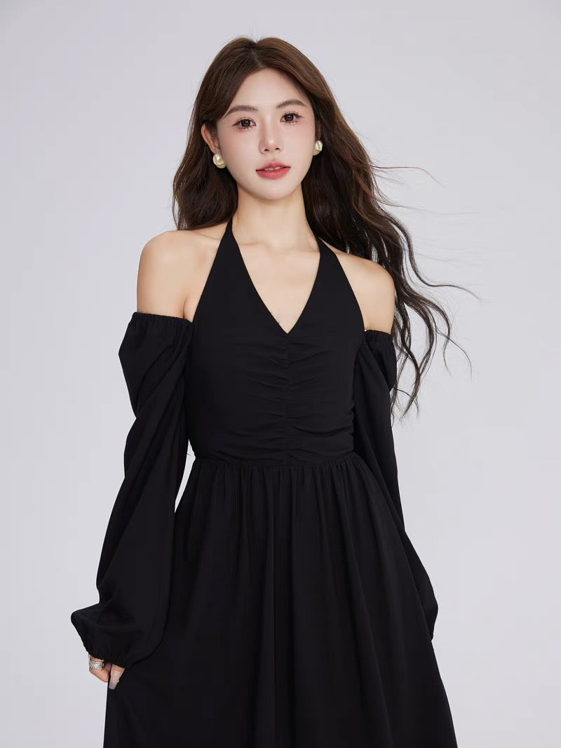 Volstagg black halter neck strapless dress for women autumn high waist Hepburn style mid-length V-neck skirt
