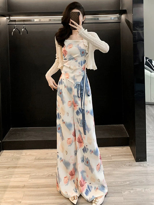 La Chapelle casual sports suit for women summer 2024 new French fashionable floral suspender top wide-leg pants