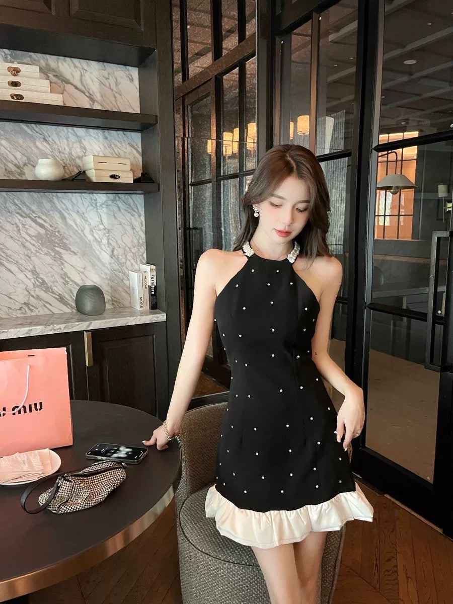 Born Miss French High end Heavy Industry Black Halter Neck Dress