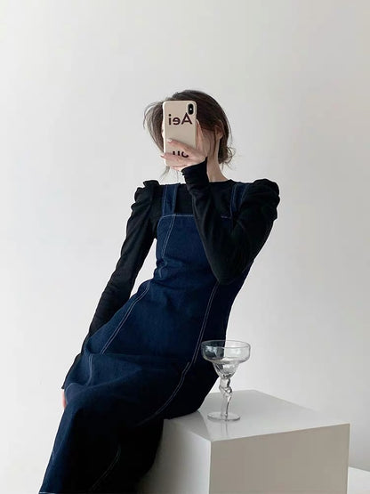 Dress women's new autumn two-piece set slimming temperament French niche design suspender skirt suit denim skirt