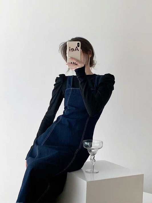 Dress women's new autumn two-piece set slimming temperament French niche design suspender skirt suit denim skirt
