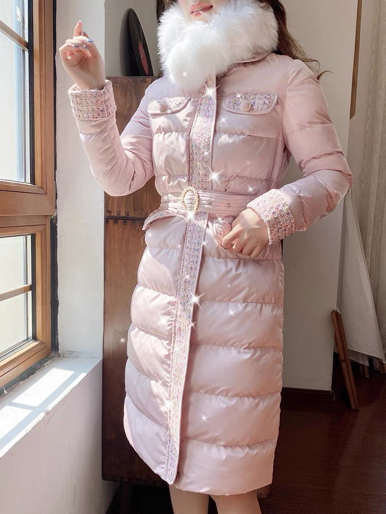 Nori gentle style down cotton coat for women French retro small fragrance style stitching doll collar waist slimming down cotton coat
